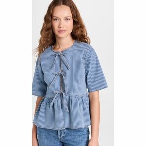 GANNI Light Stripe Denim Peplum Blouse